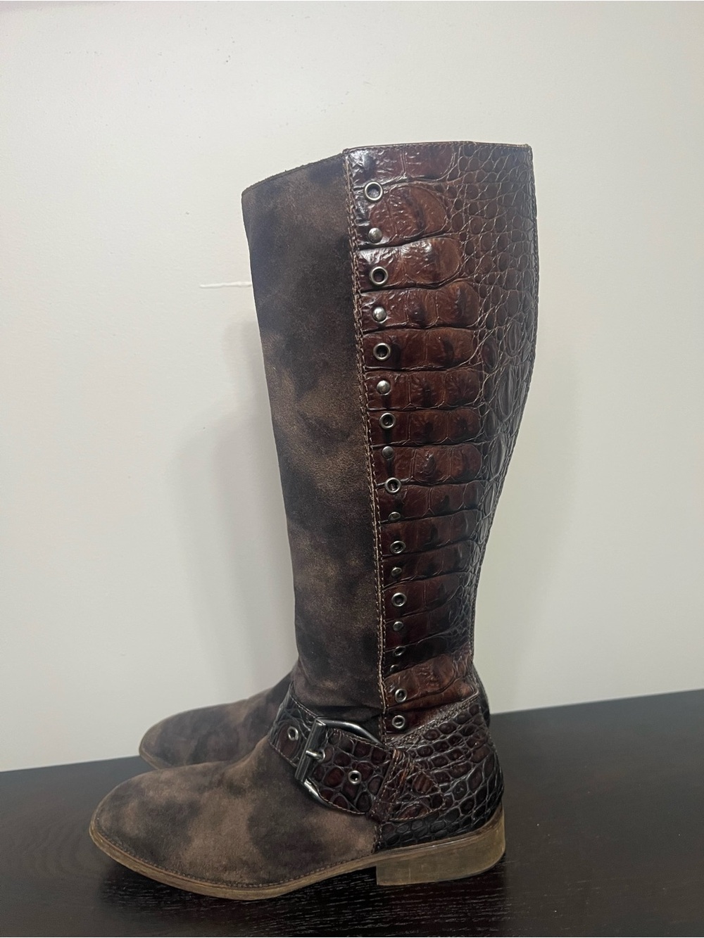 Donald J. Pliner Brown Suede & Croc-Embossed Leather Knee Boots #016